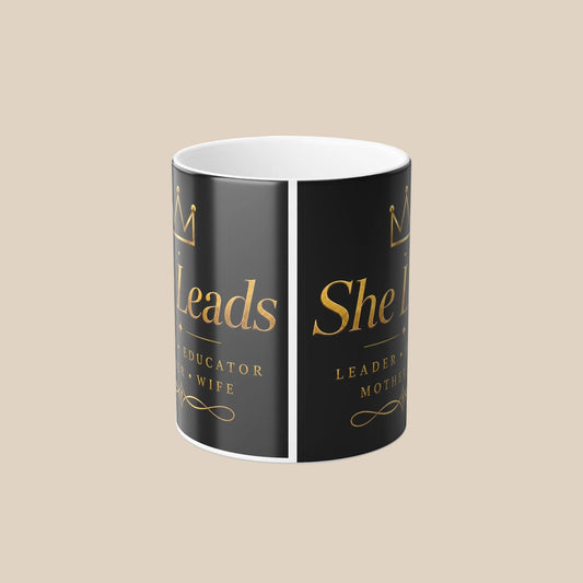 Color Morphing Mug — "She Leads" Gold Script Leadership Coffee Mug, 11oz