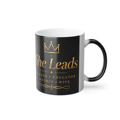 Color Morphing Mug — "She Leads" Gold Script Leadership Coffee Mug, 11oz