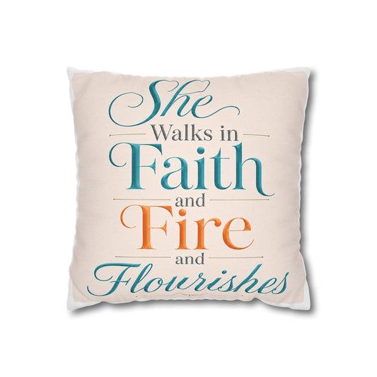 Faith & Fire Decorative Pillowcase — "She Walks in Faith and Fire and Flourishes"