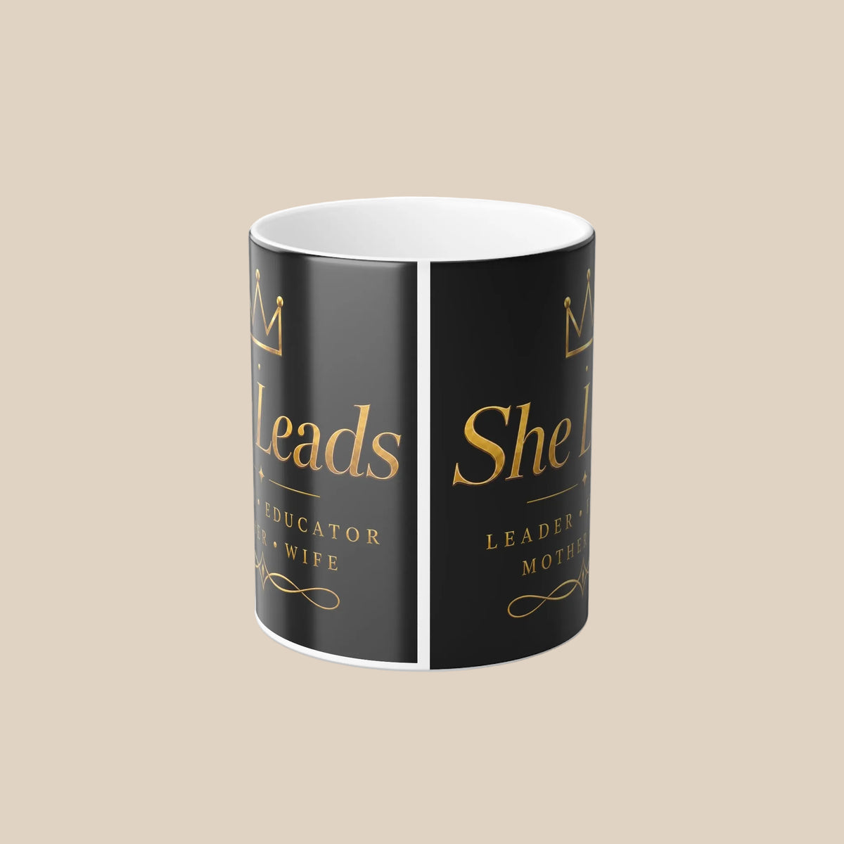 Color Morphing Mug — "She Leads" Gold Script Leadership Coffee Mug, 11oz