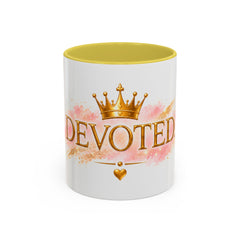 Devoted Crown Coffee Mug — Elegant Gold Script Ceramic Mug (11oz & 15oz)
