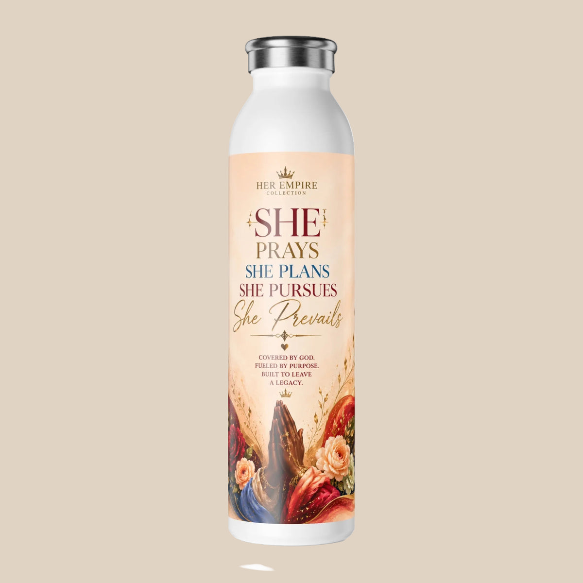 Inspirational 'She Prays, She Prevails' Slim Water Bottle