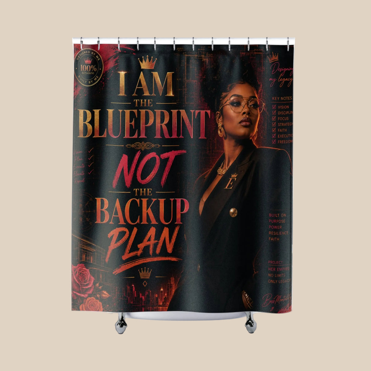 Cortina de Ducha — "Soy el modelo, no el plan B" Decoración motivacional glamorosa para baño