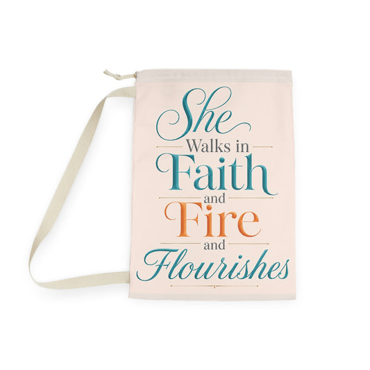 She Walks in Faith and Fire Laundry Bag — Inspirational Christian Laundry Tote