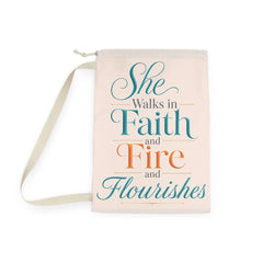 She Walks in Faith and Fire Laundry Bag — Inspirational Christian Laundry Tote