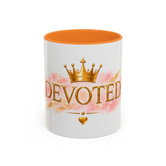 Devoted Crown Coffee Mug — Elegant Gold Script Ceramic Mug (11oz & 15oz)