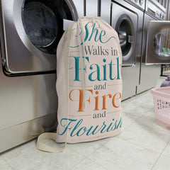She Walks in Faith and Fire Laundry Bag — Inspirational Christian Laundry Tote