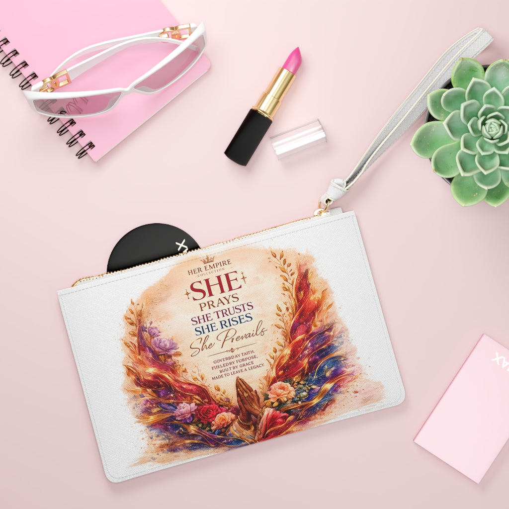 Inspirational 'She Prays, She Trusts' Clutch Bag - Floral Faith Wristlet