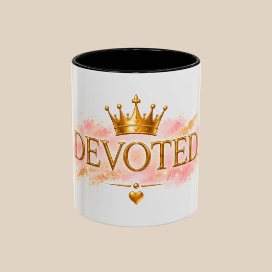 Devoted Crown Coffee Mug — Elegant Gold Script Ceramic Mug (11oz & 15oz)