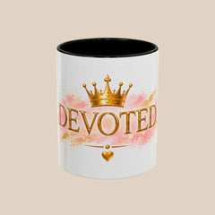 Devoted Crown Coffee Mug — Elegant Gold Script Ceramic Mug (11oz & 15oz)