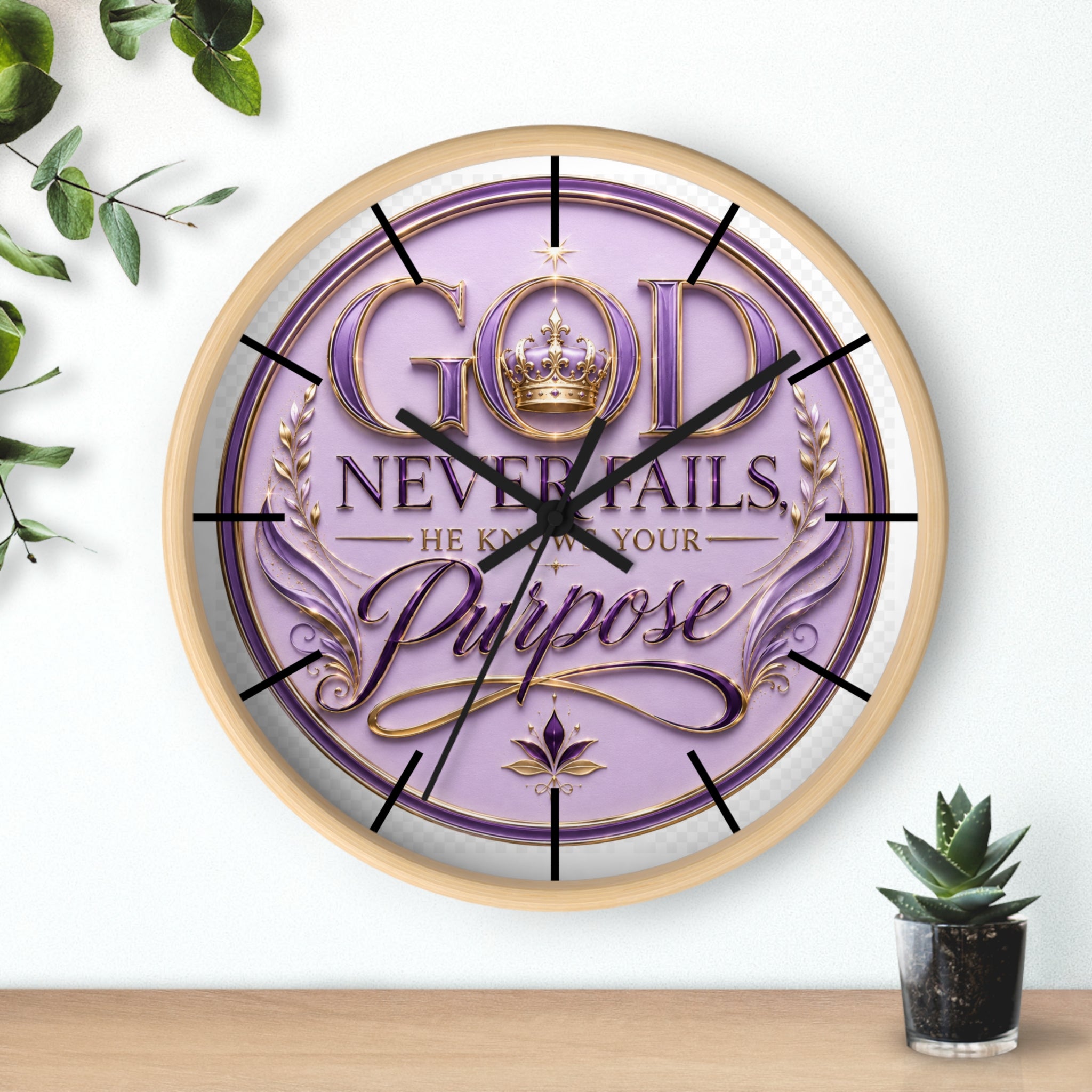 Wall Clock — "God Never Fails, He Knows Your Purpose" Inspirational Decorative Clock