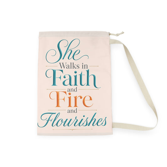 She Walks in Faith and Fire Laundry Bag — Inspirational Christian Laundry Tote