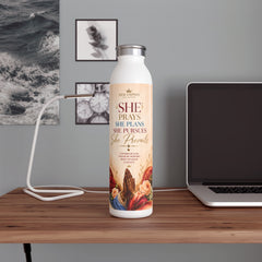 Inspirational 'She Prays, She Prevails' Slim Water Bottle