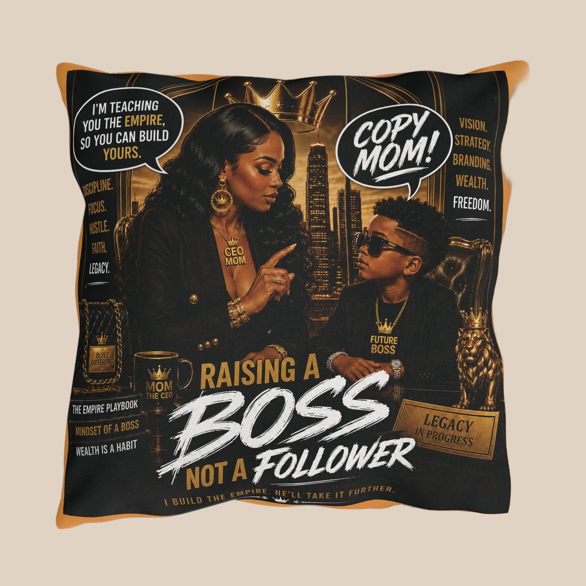 Outdoor Pillow — Raising a Boss Not a Follower Inspirational Mom & Son Design